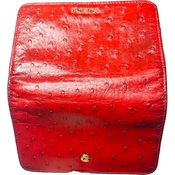 PRADA Red Ostrich Leather Zip Around Wallet Bag Cardholder with COA ~ RARE - Picture 8 of 15